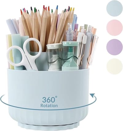 Famanu - Bureau-organizer, 360 graden draaibaar, pennenorganizer met 5 vakken, pennenhouder, bureau voor kantoor, school, thuis (hemelsblauw)