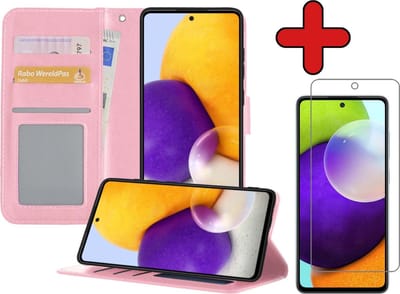 Hoesje - Met Screenprotector - Geschikt voor Samsung Galaxy A52 5G - Luxe Pasjeshouder - Flipcase - Bookcase Portemonee - Flip Case - Kunstleer Book Case - Book Cover - Walletcase - Portemonneehoes - Telefoonhoes - Lichtroze