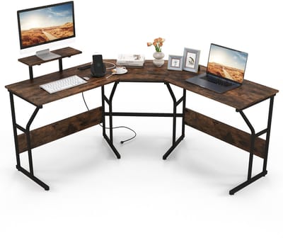 COSTWAY Bureau L-vorm, omkeerbaar hoekbureau met monitorstandaard en laadstation, hoektafel, gaming-computertafel, kantoortafel voor thuiskantoor (rustiek bruin)