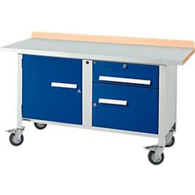 Verrijdbare werkbank Schäfer Shop Select PWi 150-3, beuken decor multiplex blad, met stalen afdekking, tot 400 kg, B 1500 x D 700 x H 840 mm