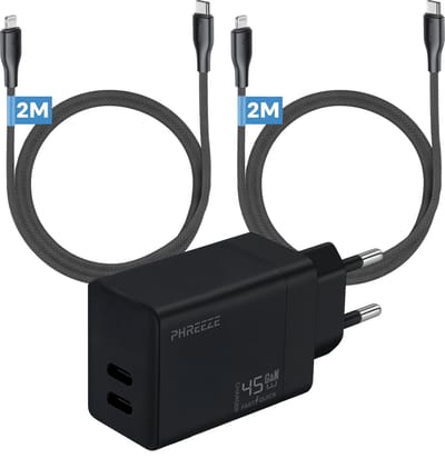 Phreeze snellader geschikt voor iPhone 14 13 12 11 X 8 7 SE iPad 5 6 7 8 9 Air Pro Max Plus - 45w dual usb C adapter - Geschikt voor Lightning naar usb C kabels inbegrepen 2m