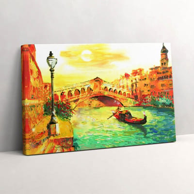 Wallfluent Foto Op Canvas Venetië - gondel en Rialtobrug - 30 x 20 cm - Groente Schilderijen Op Canvas Doek - Steden Canvas Foto - Imitatie van een olieverfschilderij Schilderij Op Doek - Kunst Canvas Schilderij