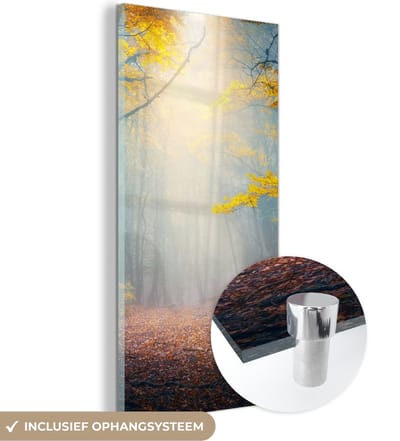 MuchoWow® Glasschilderij 20x40 cm - Schilderij acrylglas - Bos - Mist - Herfst - Foto op glas - Schilderijen