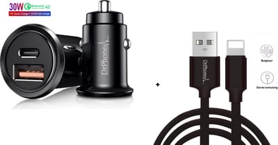 DrPhone Invisible Pro - USB + USB-C Auto Oplader + 1 Meter Apple Lightning Kabel Geschikt voor iOS Smartphones 11 / XR / XS / XS Max / 5 / 6 / 7 / 8 / Plus / iOS Tablet Air / Pro 9.7 /10.5 / Air 3 /iOS 2018 Snellader Set