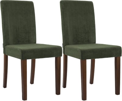 CLP Ina Set van 2 eetkamerstoelen - klassiek - met rugleuning - hout - corduroy - ribstof - antiek donker/groen