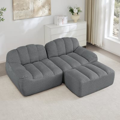 MODENUIT Hoekbank 2-Zits - Frameloos Modulair Met Ottomaan - Voor Woonkamer En Appartement - Fleece - Grijs