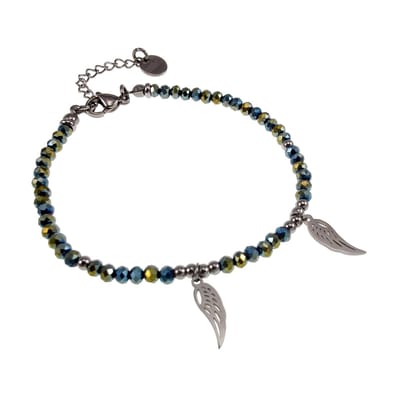 Armband met Gefacetteerde Groen, Blauwe en Goudkleur Kristallen en Engelenvleugelhanger, RVS Zilverkleurig - Verstelbaar 15cm - 19cm