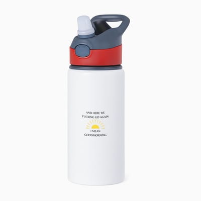 Hacebo® - and here we fucking go again I mean goodmorning waterfles met rietje rood - Quotes - goedemorgen - grappige tekst - quotes - verjaardagscadeau - verjaardag - cadeau - kado - geschenk - gift - water fles - 650ML