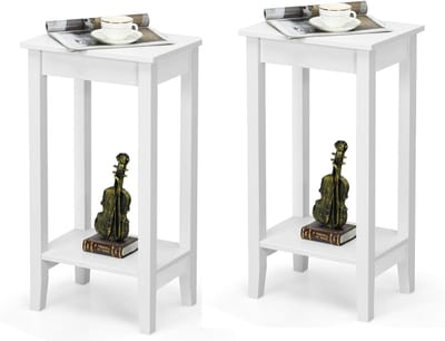 COSTWAY Set van 2 bijzettafeltjes met plank, hoge 2 verdiepingen met 4 massief houten poten, rechthoekige opbergtafel, gangtafel, hout, plantentafel, houten tafel voor woonkamer, slaapkamer (wit)