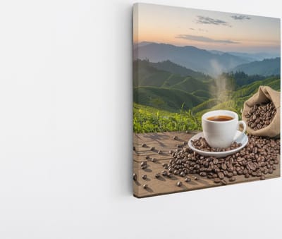 Saammp Canvas Schilderij - Kopje Koffie - Bonen - Landschap - 20x20 - Foto op canvas - Wanddecoratie - Muurdecoratie keuken - Slaapkamer decoratie - Canvas Print