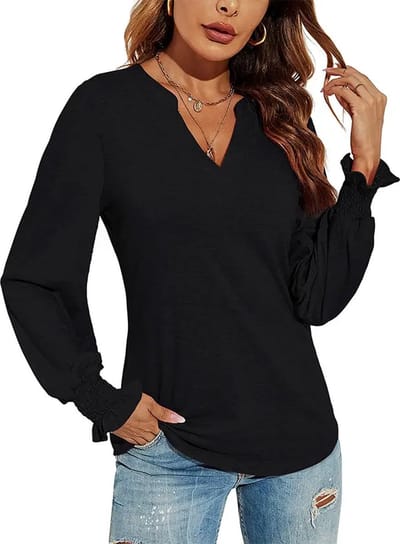 ASTRADAVI Casual Wear - Dames V-Hals Blouse - Stijlvolle Top met Geplooide Mouwen - Zwart / Small