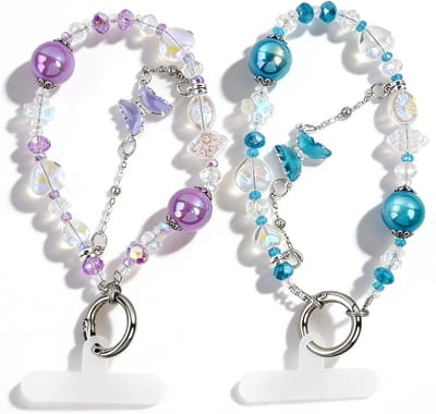 Korte telefoonketting met kralen - Universele anti-verlies telefoonarmband voor vrouwen en meisjes, met paarse en blauwe vlinders en bevestigingslusjes voor tas en sleutels, ideaal voor dagelijks gebruik en stijlvol design