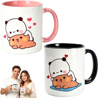 Keramische mokken set van 2, 330 ml, voor thee en koffie, grappige ontwerpen met beer en panda, perfect cadeau voor koppels