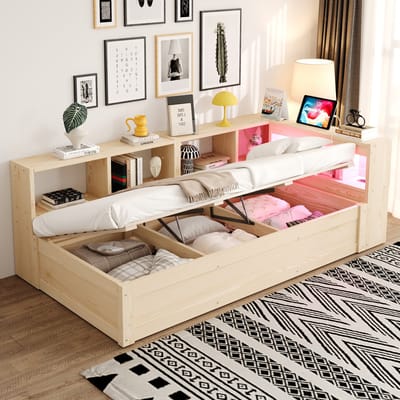 MODFU - Eenpersoonsbed - Met Opbergruimte, Led-Verlichting En Stopcontact - Modern - Voor Logeerkamer - Hout En MDF - Houtkleur - 90 X 200 Cm