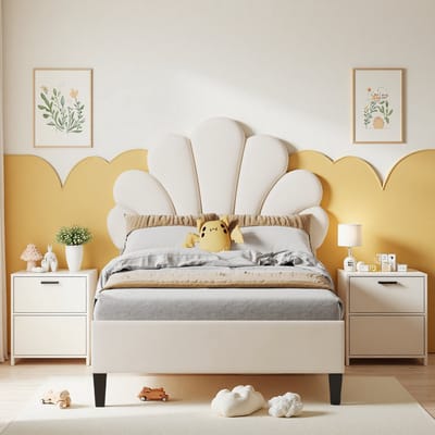 Kinderbed Gestoffeerd bed 90x200cm -eenpersoonsbed - tienerbed met verstelbaar hoofdeinde - bedframe - fluweel - Beige - zonder matras