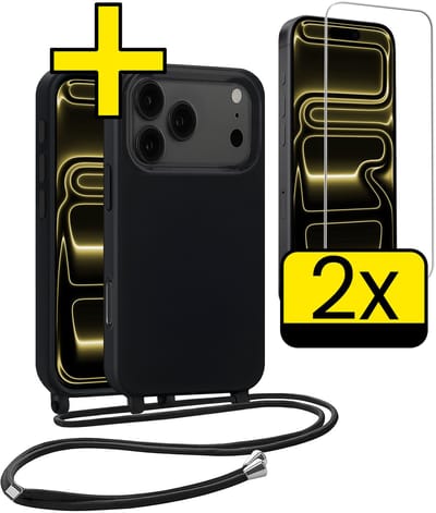 Hoesje Geschikt voor iPhone 17 Pro Hoesje Met Koord Met 2x Screenprotector Siliconen Case - Hoes Geschikt voor iPhone 17 Pro Backcover Met Afneembaar Koord - Zwart