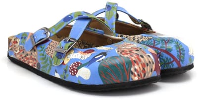 GOBY Clogs – Blauw met Dierenprint – Handgemaakt Vegan Leer – Comfortabele Damesklompen – Maat 35