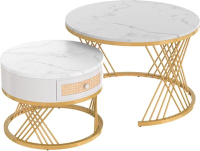 Ronde Salontafel Set - Marmerlook met Rotan Lade - MDF en Metaal - Woonkamer - Wit met Goud