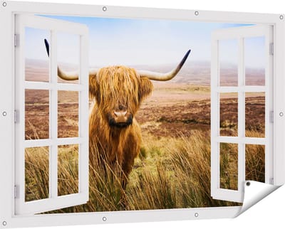 Gards Tuinposter Doorkijk Schotse Hooglander Koe in het Veld - 150x100 cm - Tuindoek - Tuindecoratie - Wanddecoratie buiten - Tuinschilderij