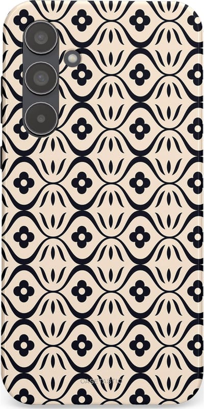 Casetastic hoesje geschikt voor Samsung Galaxy A55 - Dubbellaagse bescherming - Retro crème-zwarte bloemenprint - Fashion Case - Crème Grijs Donkergrijs
