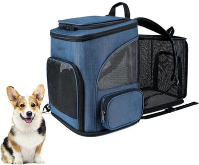 KZQ Huisdierrugzak - Uitbreidbare reistas voor katten en honden, ademend mesh-materiaal - opvouwbaar - geschikt voor kleine honden, katten en konijnen - 33 x 26 x 40 cm- Blauw