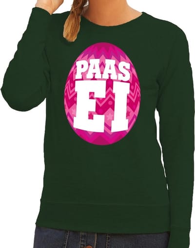 Groene Paas sweater met roze paasei - Pasen trui voor dames - Pasen kleding XS