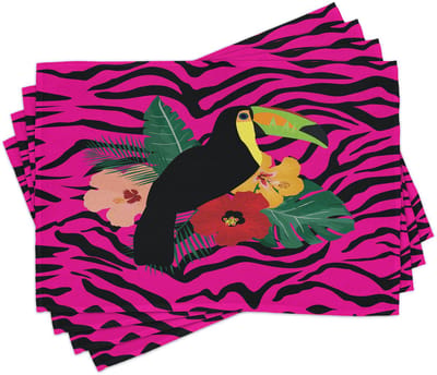 ABAKUHAUS Roze zebra placematten, toekan-vogel die op hibiscusplanten zit, met grote bladeren op zebraprint, tafeldecoratie van kleurvaste stoffen voor eetkamer en keuken, veelkleurig