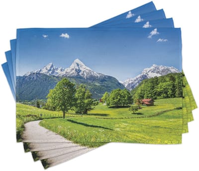 ABAKUHAUS Schneeberg placematten, Idyllische Beierse Alpen, tafeldecoratie van kleurvast stof voor de eetkamer en de keuken, kobaltblauw en multicolor