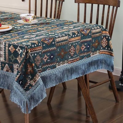 Geometrische Patronen Chenille Tafelkleed Kwastrand Geborduurd Eettafelkleed Rechthoekig Dik Slijtvast Tafelkleed 90x90cm 1pcs