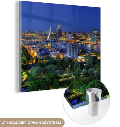 MuchoWow® Glasschilderij 50x50 cm - Schilderij acrylglas - Rotterdam - Nederland - Skyline - Foto op glas - Schilderijen