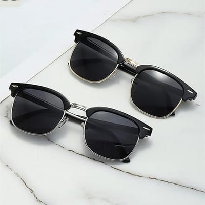 Klassieke zonnebril met half montuur, unisex, retro ronde zonnebril met half montuur, stijlvolle spiegelglazen, outdoorbril, set van 2 (zwart)