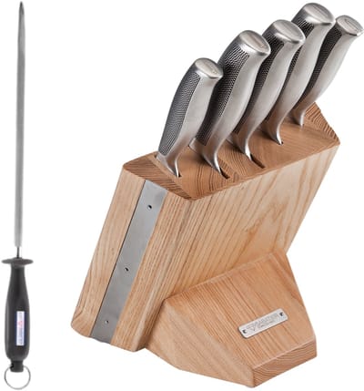 Diamant Sabatier Riyouri Messenblok met aanzetstaal - 6-delig - Naturel Eiken Hout/RVS