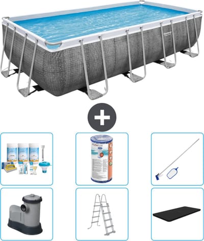 Bestway Rechthoekig Power Steel Zwembad - Rattanprint - 549 x 274 x 122 - Inclusief Pomp - Ladder - Afdekzeil Onderhoudspakket - Filter - Schoonmaakset