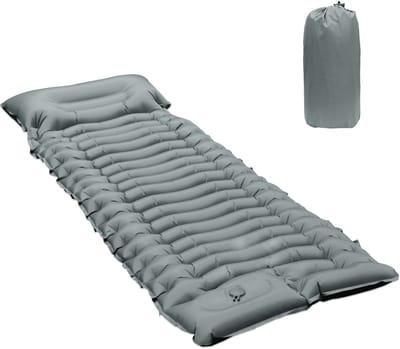 Opblaasbare kampeerslaapmat - Kampeerluchtbed met voetpomp en kussen - Klein pakket opblaasbaar matras compact en lichtgewicht - Geschikt voor buiten - 190 * 68 * 10 cm -Grijs