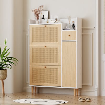 DESMIU Schoenenkast - Smal Model Met 3 Kleppen En 1 Lade - Voor Smalle Hal En Kleine Ruimte - MDF En Hout - 90x125x17 Cm - Naturel Wit