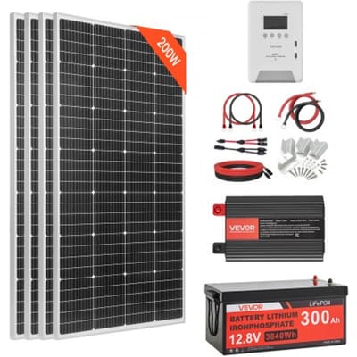 VEVOR 800W Complete Zonne-energiesysteem Kit, Off-grid zonne-energiesysteem inclusief 4 x 200W monokristallijne zonnepanelen, 12,8V 300Ah LiFePO4-accu, 60A MPPT-laadregelaar en 12V 2000W omvormer, Off-grid fotovoltaïsch systeem voor thuis