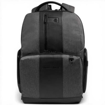 Piquadro Korte rugzak 2 Man Grey en zwarte stof gerecycled en leder met laptop 14' en iPad