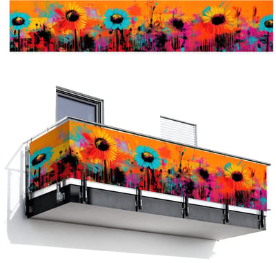 Balkonscherm 500x100 cm - Balkonposter Zonnebloemen - Abstract - Oranje - Balkon scherm decoratie - Balkonschermen - Balkondoek zonnescherm