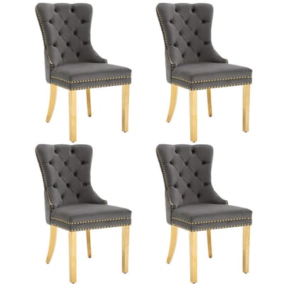 YEHTOKHOME Set van 4 Fluwelen eetkamerstoelen, Keukenstoel woonkamerstoel met deurklopper, Gestoffeerde stoel met klinknagels, Eetkamerstoel in vintage stijl, Gouden metalen poten, Grijs, b 51 x d 65.5 x h 95 cm