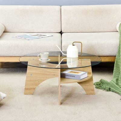 MODFU Ronde Glazen Salontafel - Veiligheidsglas - Modern - Voor Woonkamer - MDF - Transparant Natuurkleur - Ø 80 X 36 Cm