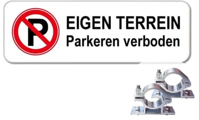 Parkeerbord Eigen terrein - Parkeren verboden - Weerbestendig Aluminium - 40x15 cm - Bevestiging: Met paalbeugels Ø48mm
