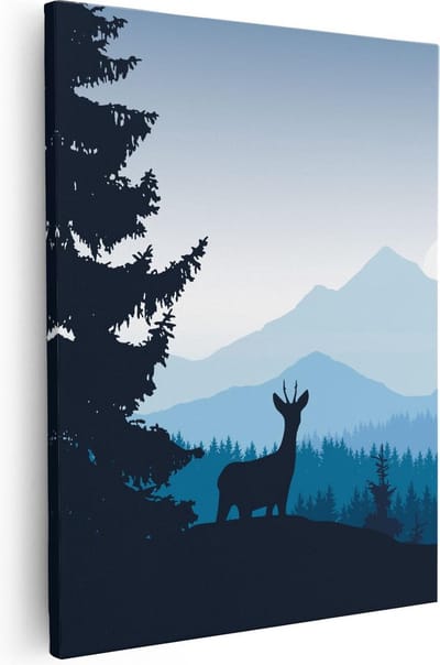 Artaza Canvas Schilderij Bergen - 40x50 cm - Wanddecoratie Bos - Muurdecoratie Hert - Kamer Accessoires Natuur - Blauw