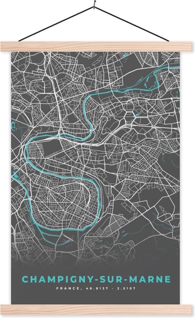 Posterhanger incl. Poster 40x60 cm - Schoolplaat - Frankrijk - Kaart - Stadskaart - Plattegrond - Champigny-sur-Marne - Textielposter - Blanke latten - Stadskaart