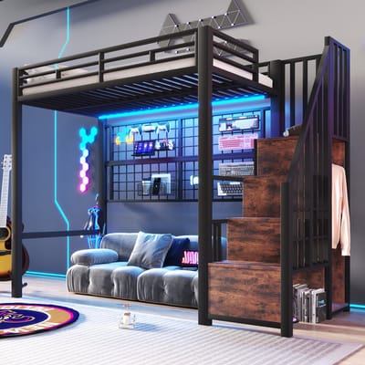 Sweiko Hoogslaper - 90 x 200 cm - Metalen frame - Met kledingkast - Opbergruimte - LED-verlichting - Zwart (zonder bank)