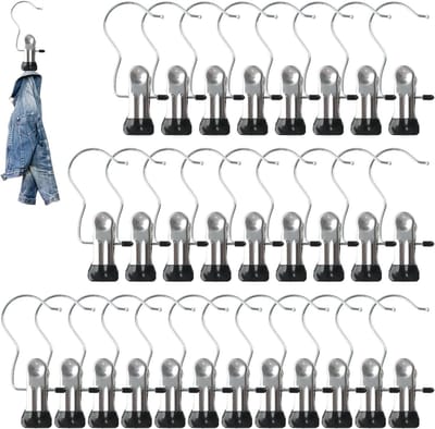 washaken opknoping clip, 30 stuks roestvrijstalen wasknijpers extra sterke hanger clips haken metalen kapstok hangers voor broek handdoeken sokken rokken shorts jeans hoeden