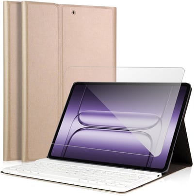 Hoes met toetsenbord geschikt voor OnePlus Pad 3 (13.2 inch) - Screen Protector GlassGuard - Keyboard Book Case Cover Hoesje Goud & Screenprotector