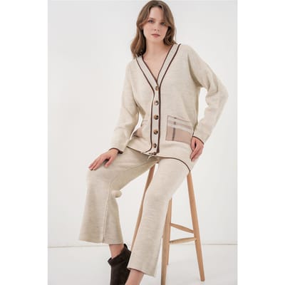 Pocket Gedetailleerde V-hals Cardigan en Wijde Broek Set