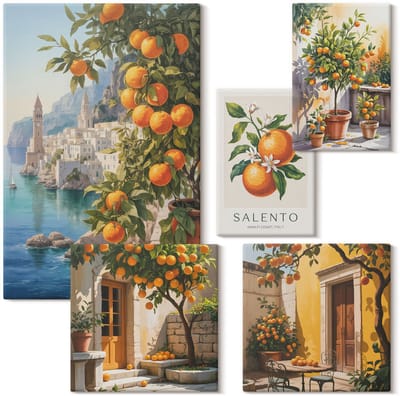 Wallfluent Set van canvas schilderijen - Sfeervolle uitzichten met fruitaccenten op de muur Canvas Schilderijen Set - Set van 5 Canvas Schilderijen - Oranje Set van Canvas Prints - Landschappen Canvas Kunst Set - Boheemse Canvas Kunst Set
