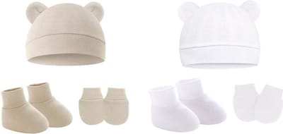 2 Setjes - Baby Newborn Muts, Krabwantjes en Slofjes - Beervorm Beige en Wit