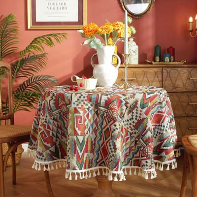 Retro Jacquard Rond Tafelkleed Korte Kwastrand Verdikt Stofdicht Tafelmat Eettafel Bureau Koffietafel Decoratieve Tafelkleed Diameter 150cm